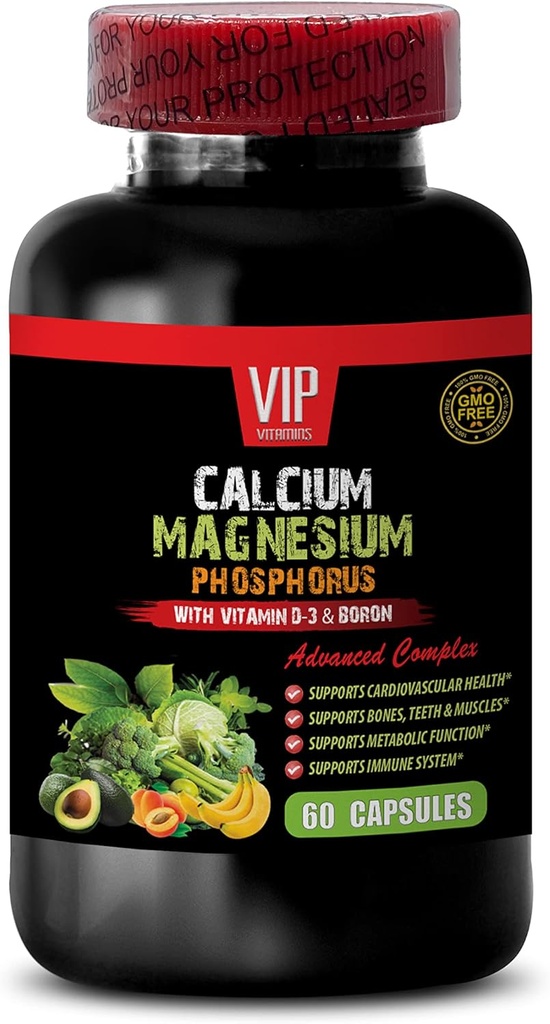 Kalsium Magnesium Suplemen - Kalsium Magnesium Posfor dengan Vitamin D-3 & Boron - Healthy Bones Magnesium, Kalsium untuk Perempuan, Magnesium untuk Pria, Suplemen Kekuatan Tulang, 1 Botol 60 Kapsul