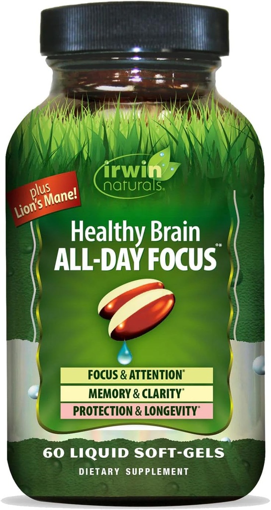 Irwin Naturals Terve aivot All-Day Focus - 60 Liquid Soft-Gels - Boosts Mental Performance & Edistää pitkän aikavälin aivojen terveyttä - 30 Palvelimet