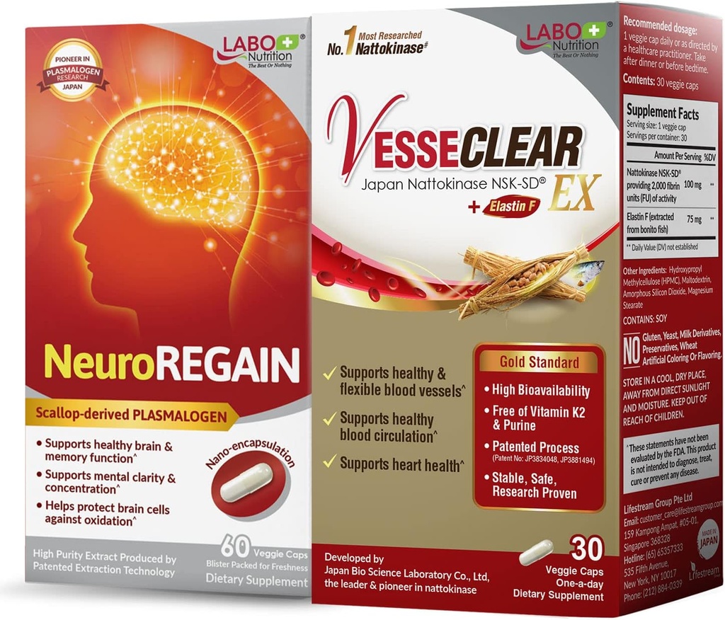 LABO Nutrition VeseCLE EX + NeuroREGAIN: NSK-SD, Elastin F per a netejar i flexible Blood Vessel, Cardio vascular i Circulació, Slipopetion PASMALEGEN per al Braintion