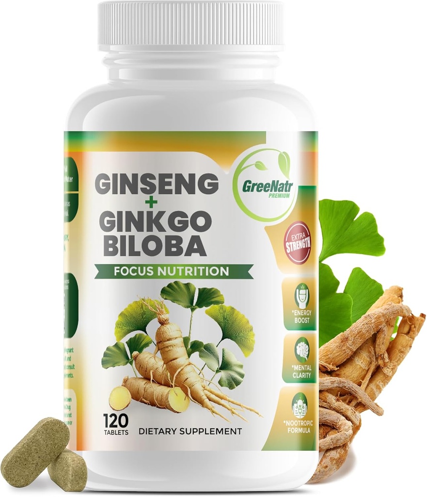 GreeNatr Ginko Biloba & Panax Ginseng Supplement — Red Ginseng Brain Supplement for Memory and Focus — Ginkgo Biloba Supplements for Good Vision, Immune System and Improved Blood Flow — 120 таблеток