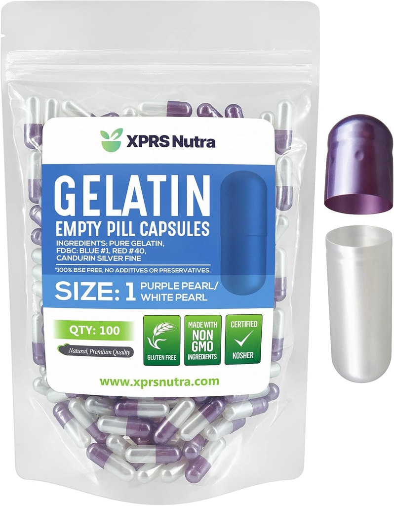 XPRS Nutra Ukuran 1 Kapsul Kosong - 100 Cacah Katup Gelatin Kosong - DIY Capsule Filling - Capsule Bovine Pure Pill Gel Caps untuk Do-ItYourself Suplemen (Pearl Purple / White)