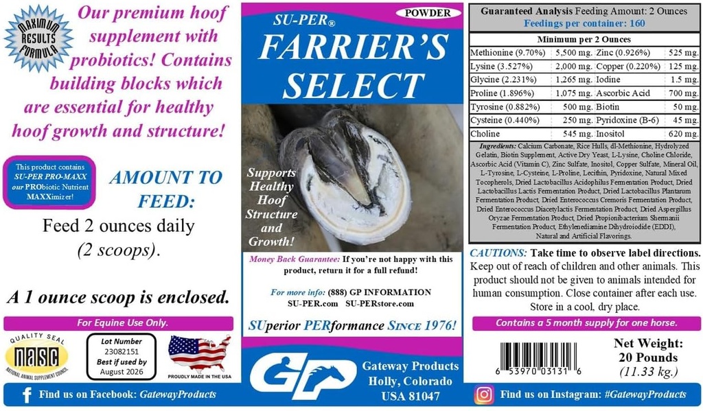 SU-PER Farrier's Select Hoof Supplement - Horse Premium Hoof Care Supplement con Probiotici - Crescita sana Hoof - 20 sterline, 5 mesi di fornitura