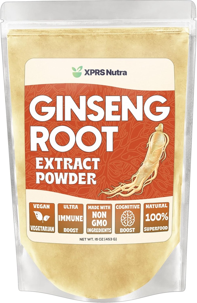 XPRS Nutra Ginseng Wurzel-Extrakt-Pulver - Ginseng Pulver unterstützt kognitive Funktion, körperliche Leistung und Immunsystem - Vegan Friendly Panax Ginseng in Pulverform (16 Unze)