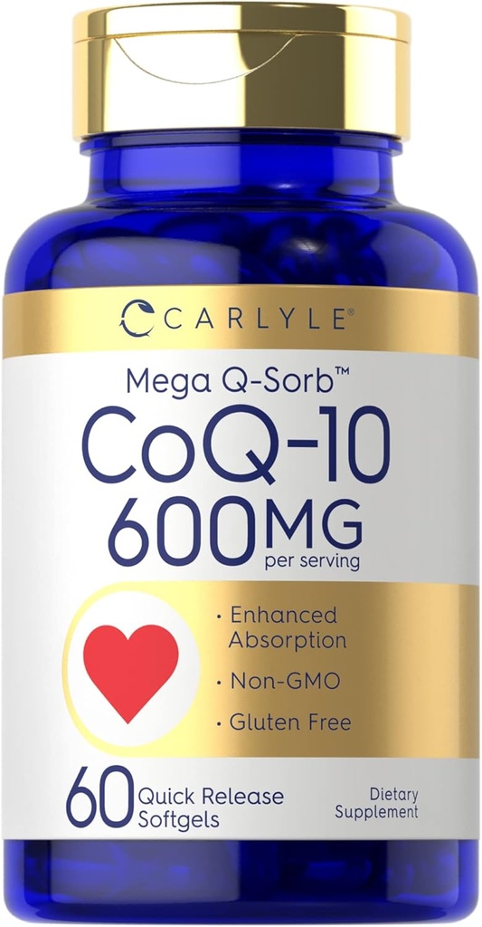 Carlyle CoQ10 600 mg Softgels | 60 greve | Mega Q-Sorb Coenzym Q-10 | med svart pepper ekstrakt | Ikke-GMO & Glutenfri Supplement