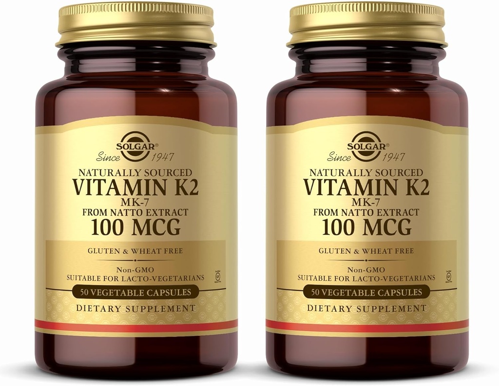 Solgar à source naturelle de vitamine K2 (MK-7) 100 mcg - 50 capsules végétales, boîte de 2 - soutient la santé des os - source d'aliments entiers de l'extrait de Natto - non-OGM, sans gluten - 100 portions totales