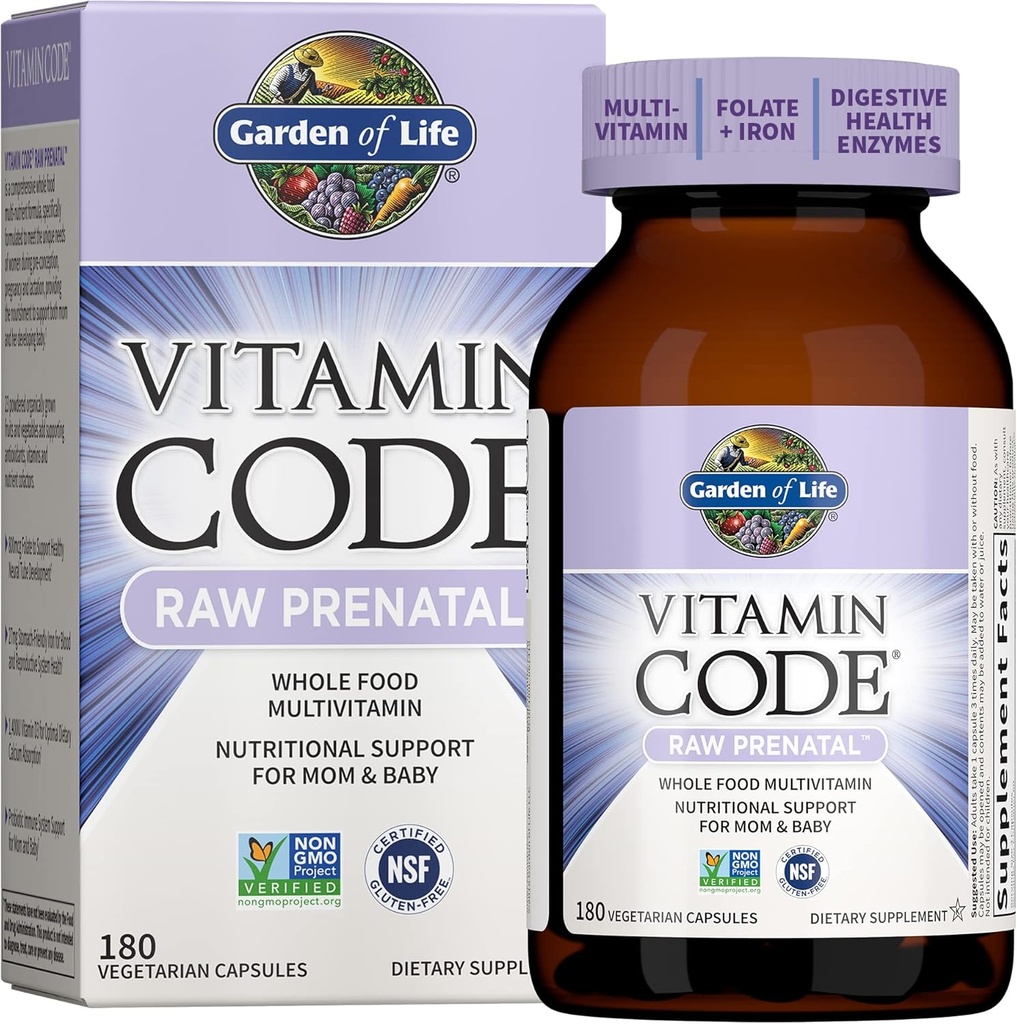 Garden of Life Prenatal Multivitamin för kvinnor från Whole Foods med Biotin, Iron & Folate inte folsyra, probiotika för immunstöd - Vitamin Code Raw Graviditet måste ha - 180 kapslar