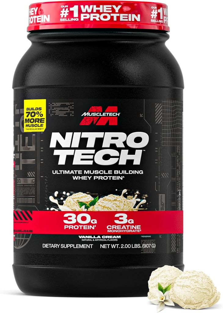 Muscletech Whey Protein Powder (Vanilla Cream, 2.2 Pound) - 니트로 테크 Whey Protein Isolate가있는 궁극적 인 근육 건물 공식 - 단백질 30g, Creatine의 3g & BCAA의 6.8g - 포장 할 수있다 Vary
