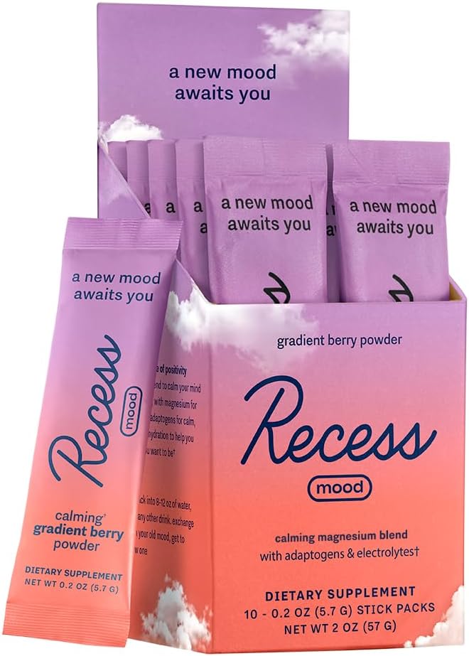 Recess Mood Powder, Calming Magnesium L-Threonate Blend with Passion Flower, L-Theanine, Electrolytes, Magnesium Calm Support Supplement - Gradient Berry Pack 10