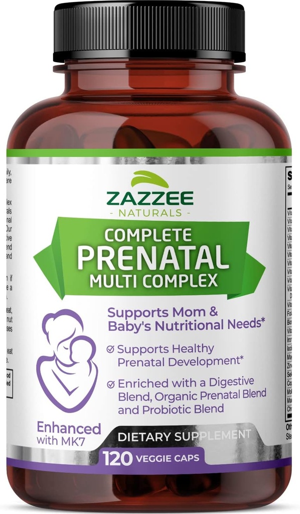 Zazzee Extra Strength Complete Prenatal Multi Complex, 120 Vegan Capsules, 2 Month Supply, 23 Essential Vitamins & Minerals, MK7, 10 Billion CFU Probiotics, Prenatal Enzymes, Organic Herbal Blend