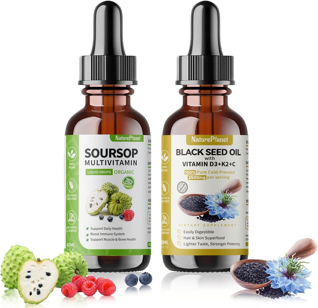 NataurePlanet Organic Soursop Bitters and Black Seed Oil Drops Bundles with Vitaminai D3, K2, B6, C Ş124; Vegan, Non- GMO, Gluten- Free