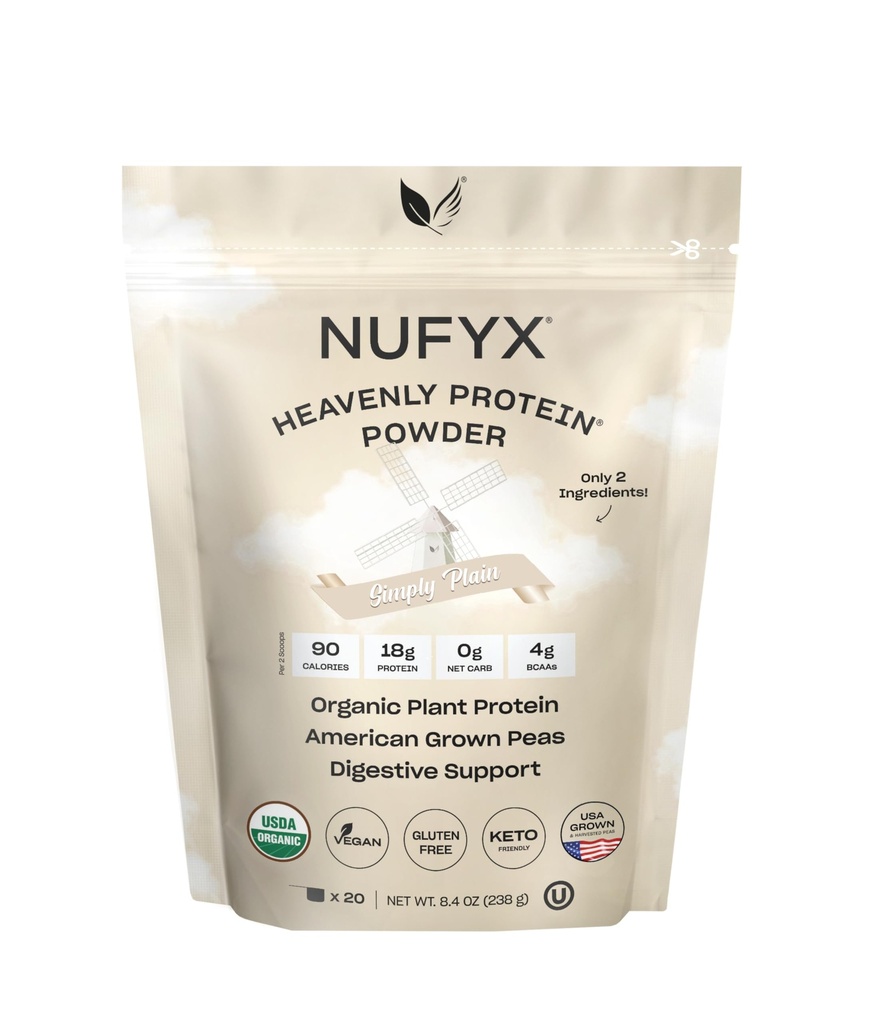 NUFYX® Family Owned Protein Powder, Organic Plant-Based, Made with 100% USA Grown Peas, 18g Protein for 90 Calories, Only 2 Ingredients, Digestive Support (Simply Plain, 20 Scoops)