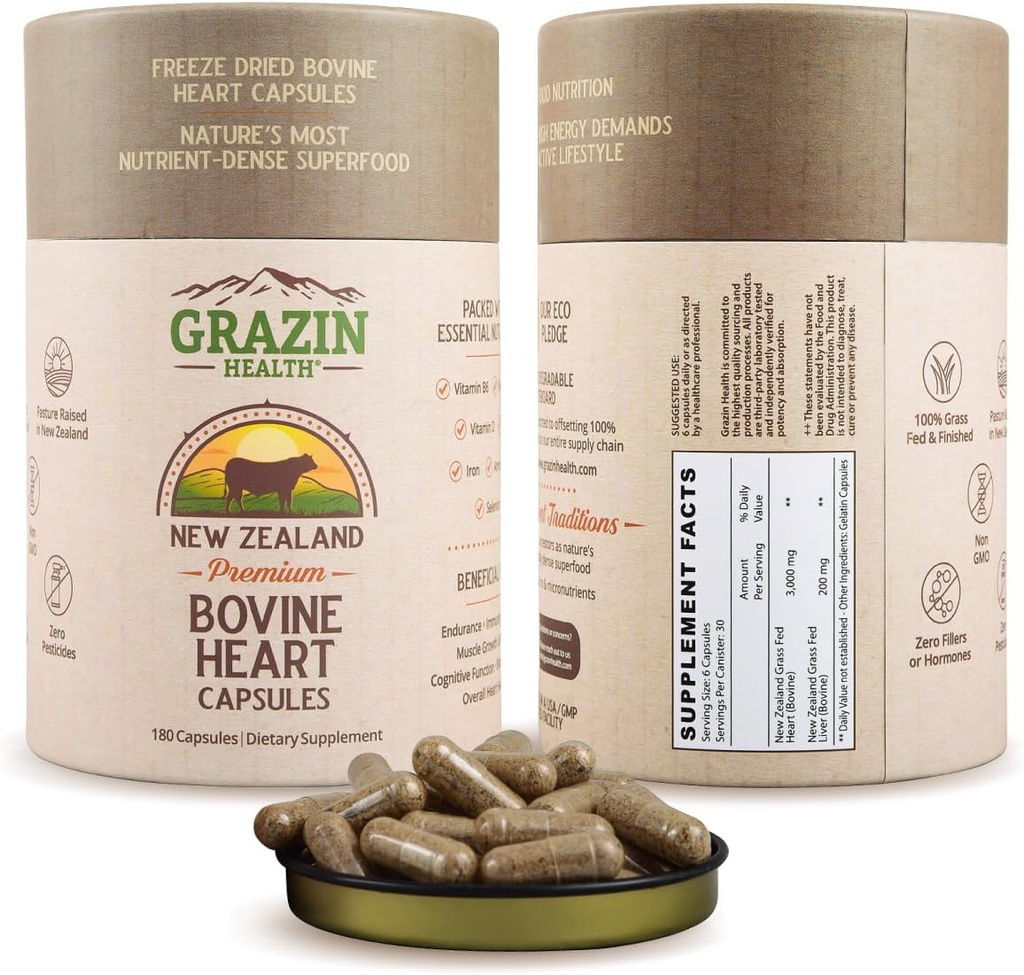 Grass-Fed Freeze-Dried Bovine Heart & Liver Capsule 3000 mg per Serving | CoQ10, Ferro da stiro, Zinco & B12 Integratore per Cuore Naturale, Energia e Supporto Immune