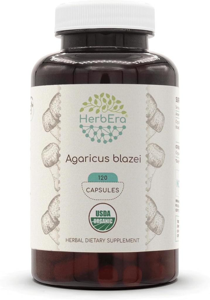HerbEra Agaricus Blazei USDA 유기 120 캡슐 | 천연 초본 보충 | 인증 유기농 채식 캡슐 및 유기 Agaricus Blazei (Agaricus blazei murill) 건조 버섯 (120 캡슐)