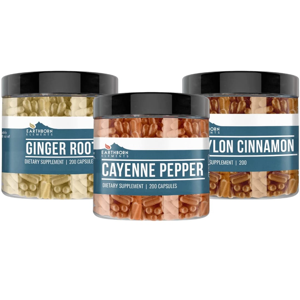 Earthborn Elements Cayenne Pepper, Ceylon Cinnamon & Ginger Root Bundle (200 Capsules Each), Pure & Undiluted, No Additives