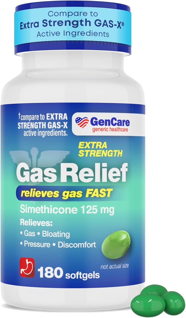 GenCare - Extra Power Gas Relief Simethicone 125 מ"ג (180 Softgels) כוח מקסימלי גלולות נגד גז עבור Bloating הקלה, לחץ ודיסקפורט - בהשוואה ל- Generic תוספת כוח X