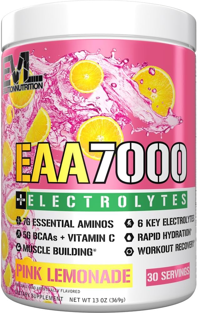 Evlution Nutrition EAA7000 + Elektrolyte - Pre & Post Workout Pulver - Muskelaufbau + Erholungsergänzung - 7g EAAs + 5g BCAAs + 6 Key Electrolytes - Schnelle Hydration - 30 Servietten - Pink Lemonade