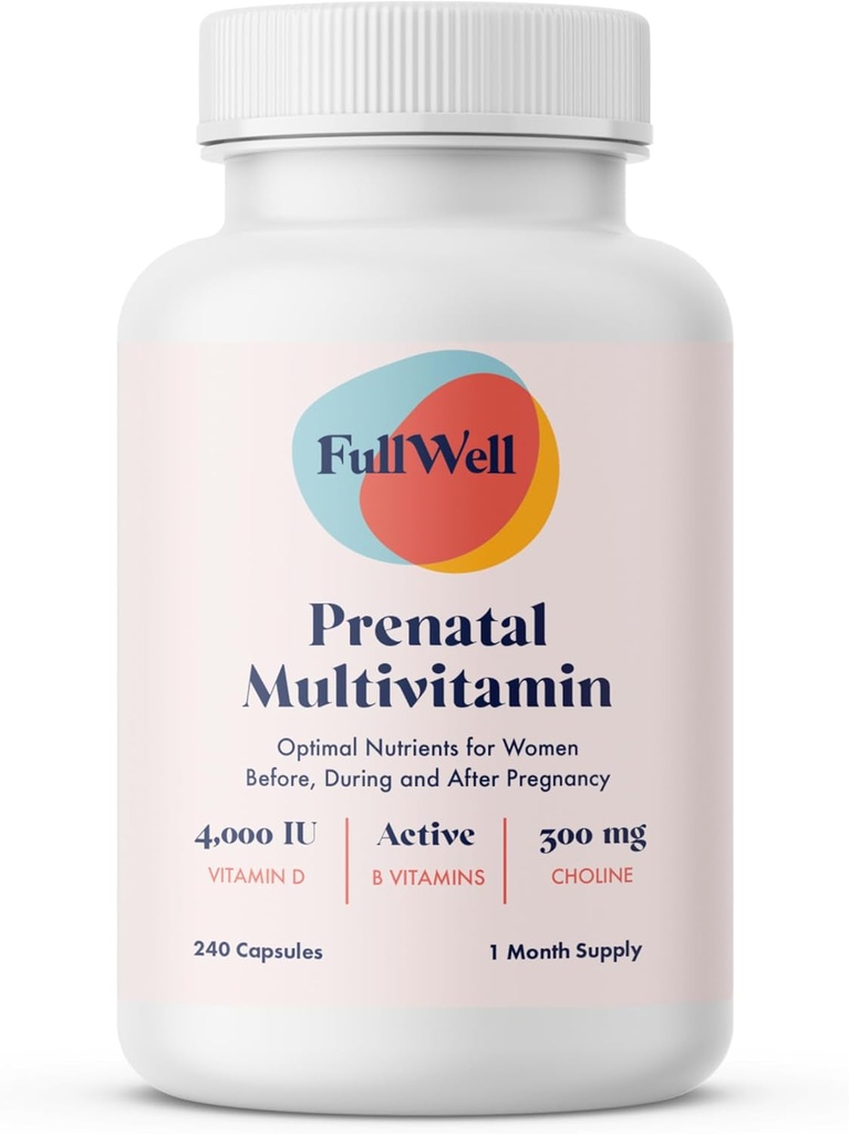 FullWell prenatal Vitumeb 124; Cholin, folat, D-vitamin til føtal vækst, hjerne udvikling; 124; 26 + Vital Nutrients against 124; Dietitian- Formuleret, OBGYN Anbefalet, Non- GMO, 3. part testet, 30 Servere