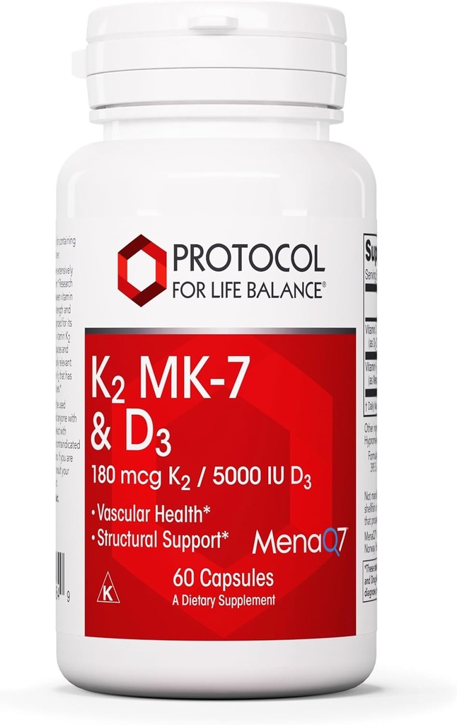 PROTOCOL VOOR LEVENSBALANS - K2 MK-7 en D3 - Bloedvatgezondheid en structurele ondersteuning, botsterkte, eetlustonderdrukker, natuurlijk gewichtsverlies, ondersteunt Calcium Absorptie - 60 Veg Capsules