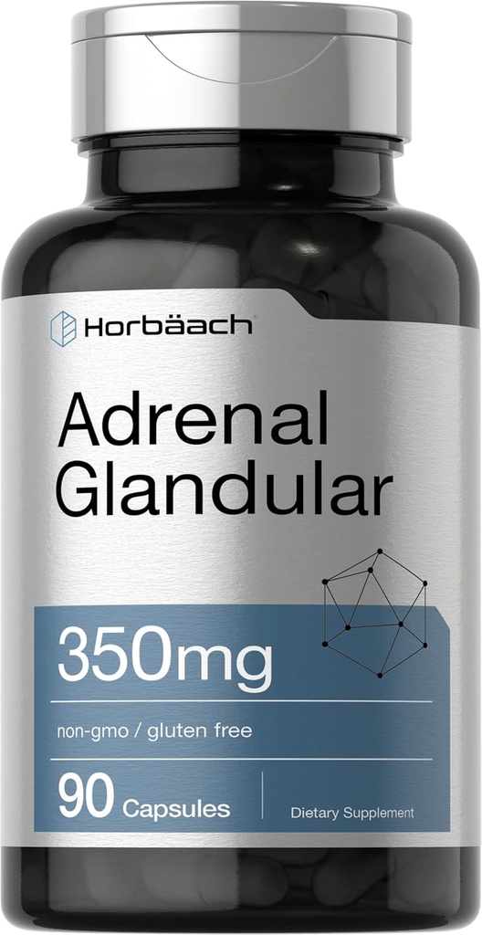 Horbäach Raw Adrenal Glandular | 350 mg | 90 Cápsulas | Non-GMO, suplementos gratuítos de glute
