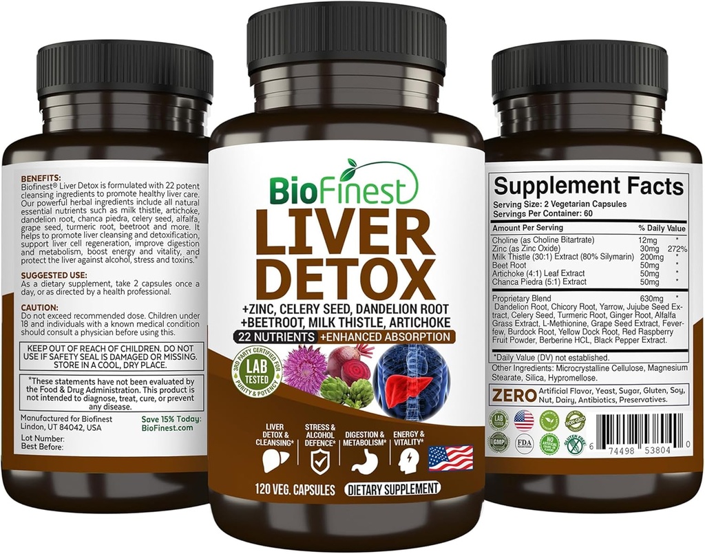BioFinest Liver Detox Supplement - 22 Nutrients Milk Thistle Artichoke Celery Seed Chanca Piedra Beet Root Dandelion Turmeric Ginger - 알코올 Cleanse 에너지 소화 대사 (120 Veg. 캡슐)
