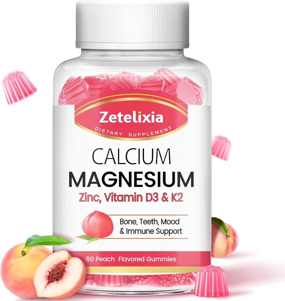 Sugar Free Calcium Citrate Gummies, Calcium Magnesium Gummies with Vitamin D3 & K2 for Bones Muscles and Joints, Peach Flavor - 60 Ct