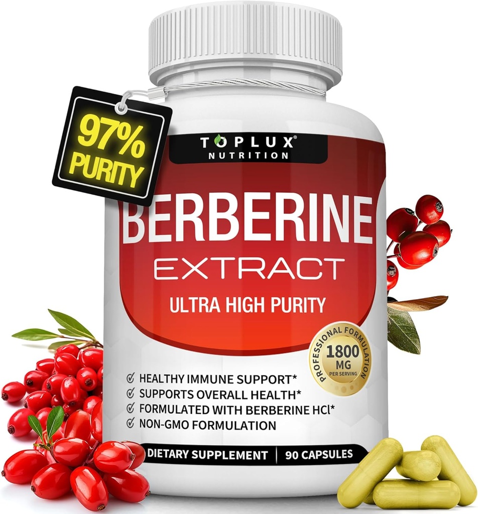 Berberiini Supplement 1800mg - berberiini HCL 97% Testattu Ultra High Puhtaus Premium berberiini uute tukemaan yleistä terveyttä, High Potency Berberine Plus ei-GMO Vegaani miehet naiset, 90 kapselia