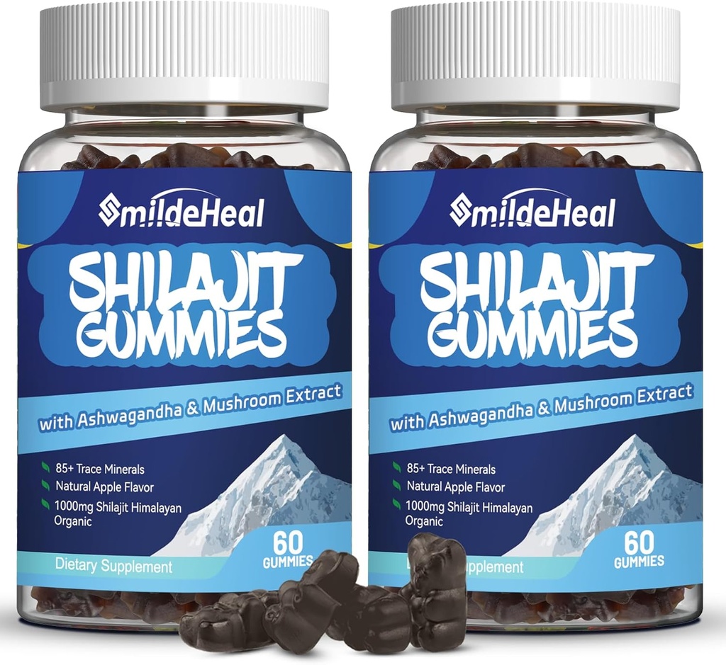 Shilajit Gummies 1000 MG, Organic Shilajit Addition, 85 + Trace Minerals, su Ashwagandha, Mushroom - Energija, smegenys, Imuniteto palaikymas, vyrams ir moterims - 120 Count