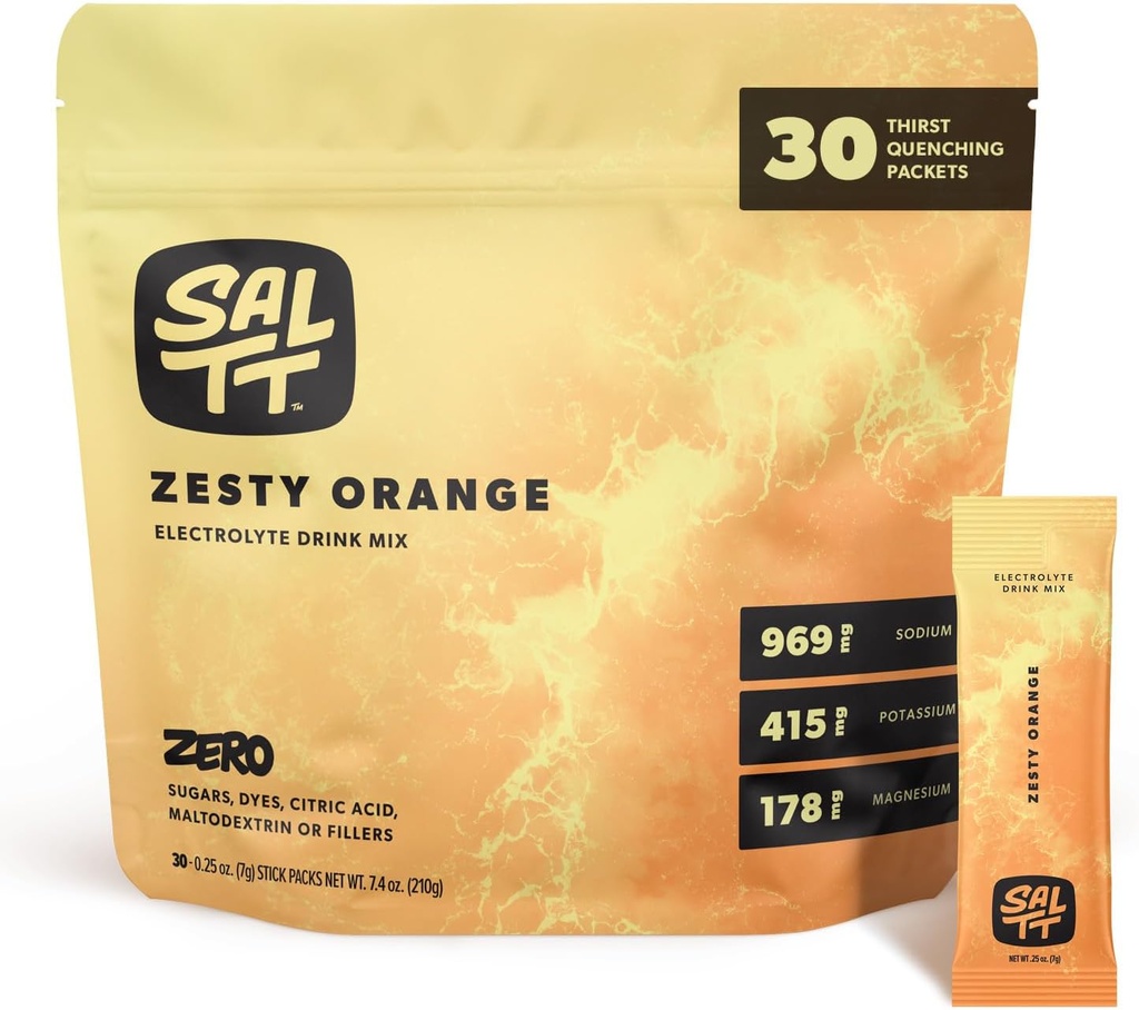 SALTT Electrolytes milteliai Flavered Drink Mix - Zesty Orange - 30 hidratacijos pakuotės - Magnis, Kalis, natris, Sekti mineralai - Zero Sugar & Gluten Free - Kelionių pagrindai