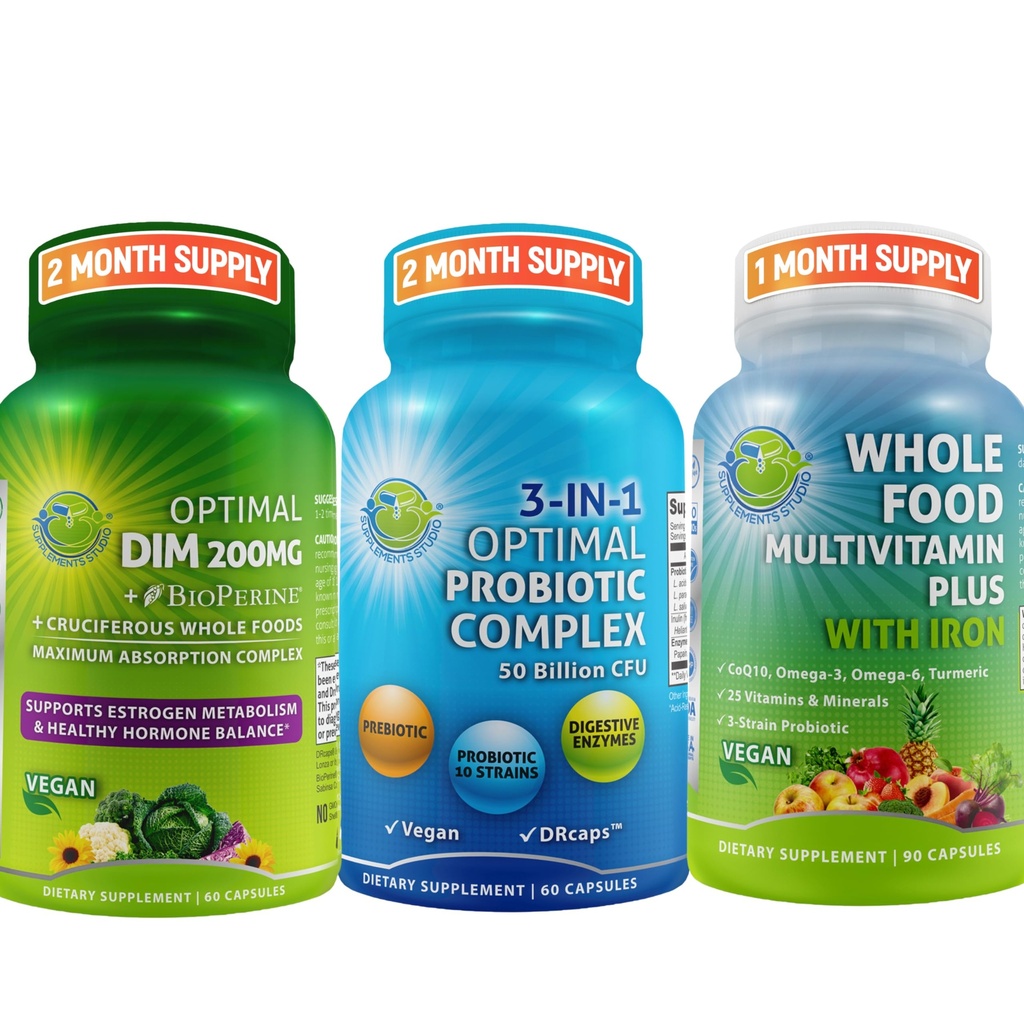 Hormonal Balance & Digestive Health Trio – DIM 200mg with BioPerine® & Cruciferous Veggies + 3-in-1 Probiotic with Prebiotic and Enzymes + Whole Food Multivitamin with Iron – Vegan Wellness Support