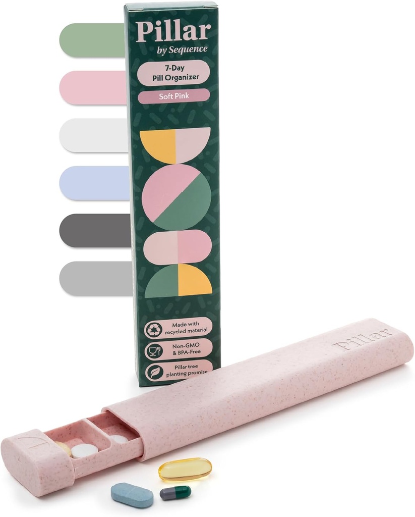 Pillar - 7 Day Pill Box Organiser - 124; BPA- Free Breat Straw Pill Organiser - 124; Beautiful Tablet Organiser for Travel and Home (Soft Pink)