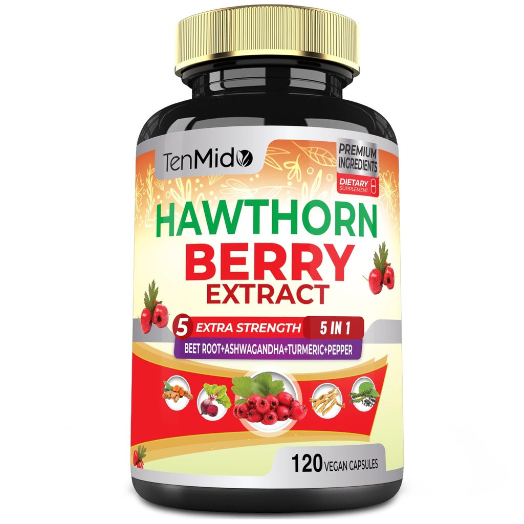 Hawthorn Berry Supplement Extract Capsules - 120 Vegan Capsules for 4 Months - Combined Beet Root, Ashwagandha, Turmeric Curcumin & Black Pepper