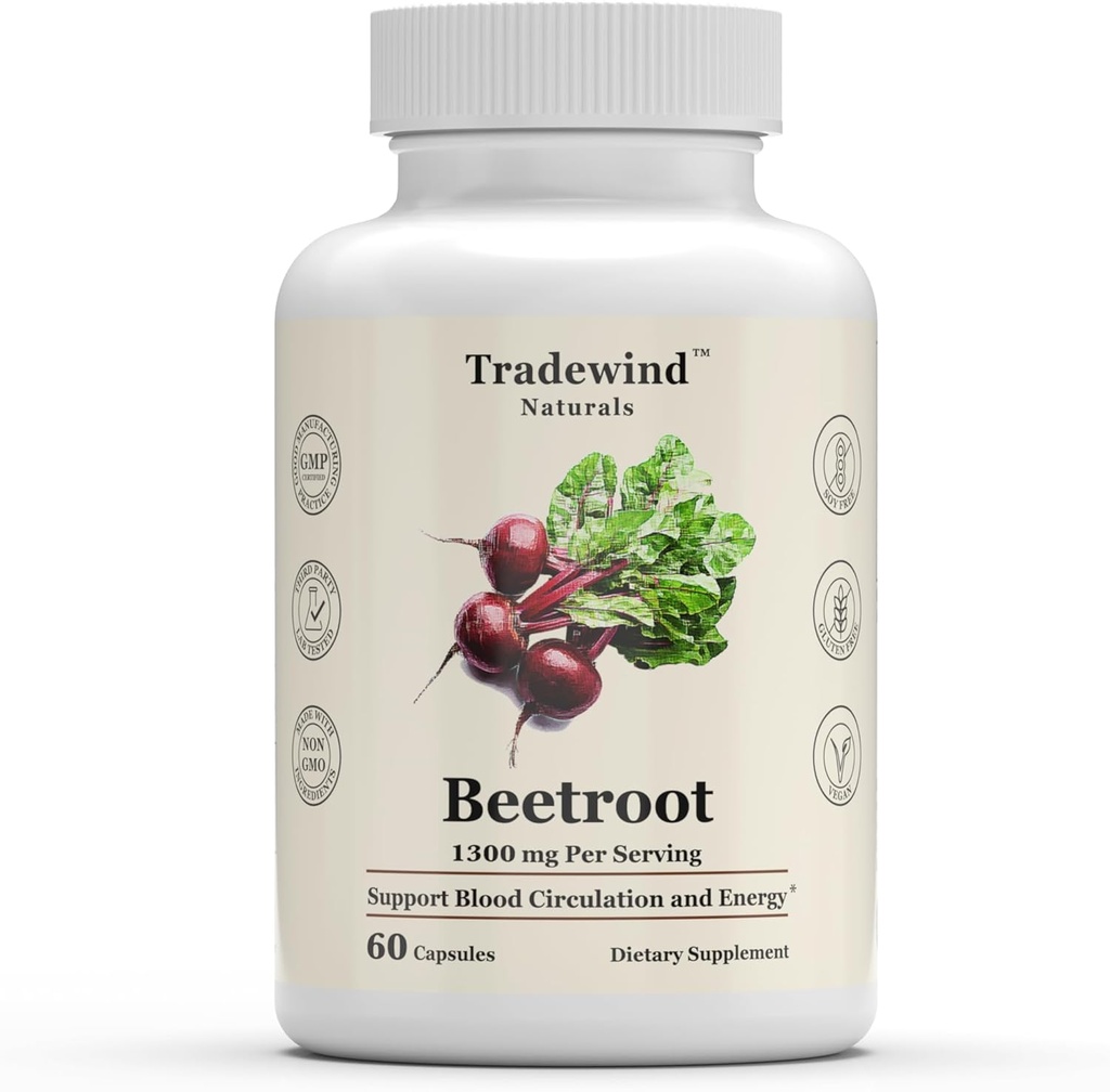 Beetroot 1300mg - Vegan - Non-GMO - Pure Beetroot - Támogatás vérkeringés és energia - 60 növényi kapszula - Készült az USA-ban