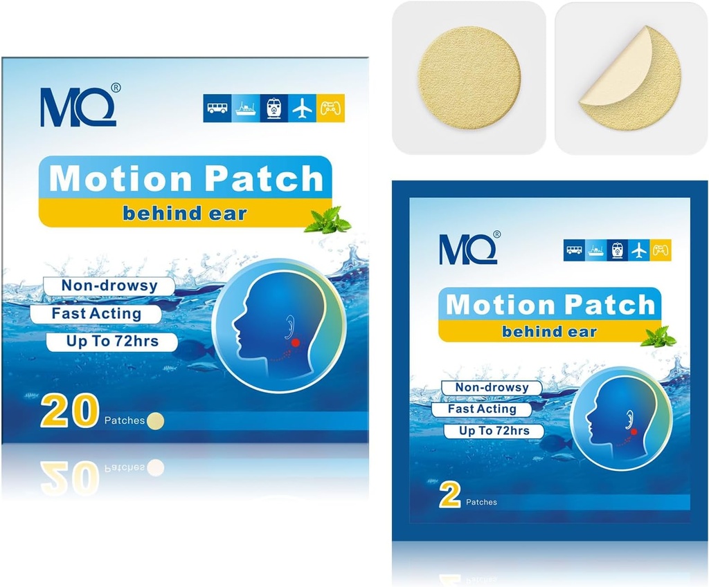 MQ 20ct Motion Sickness Patches, Colore della luce, Patch di Malattia del mare Non Drowsy & Impermeabile, Crociera di viaggio Essentials, Azione rapida & Long Lasting 72H