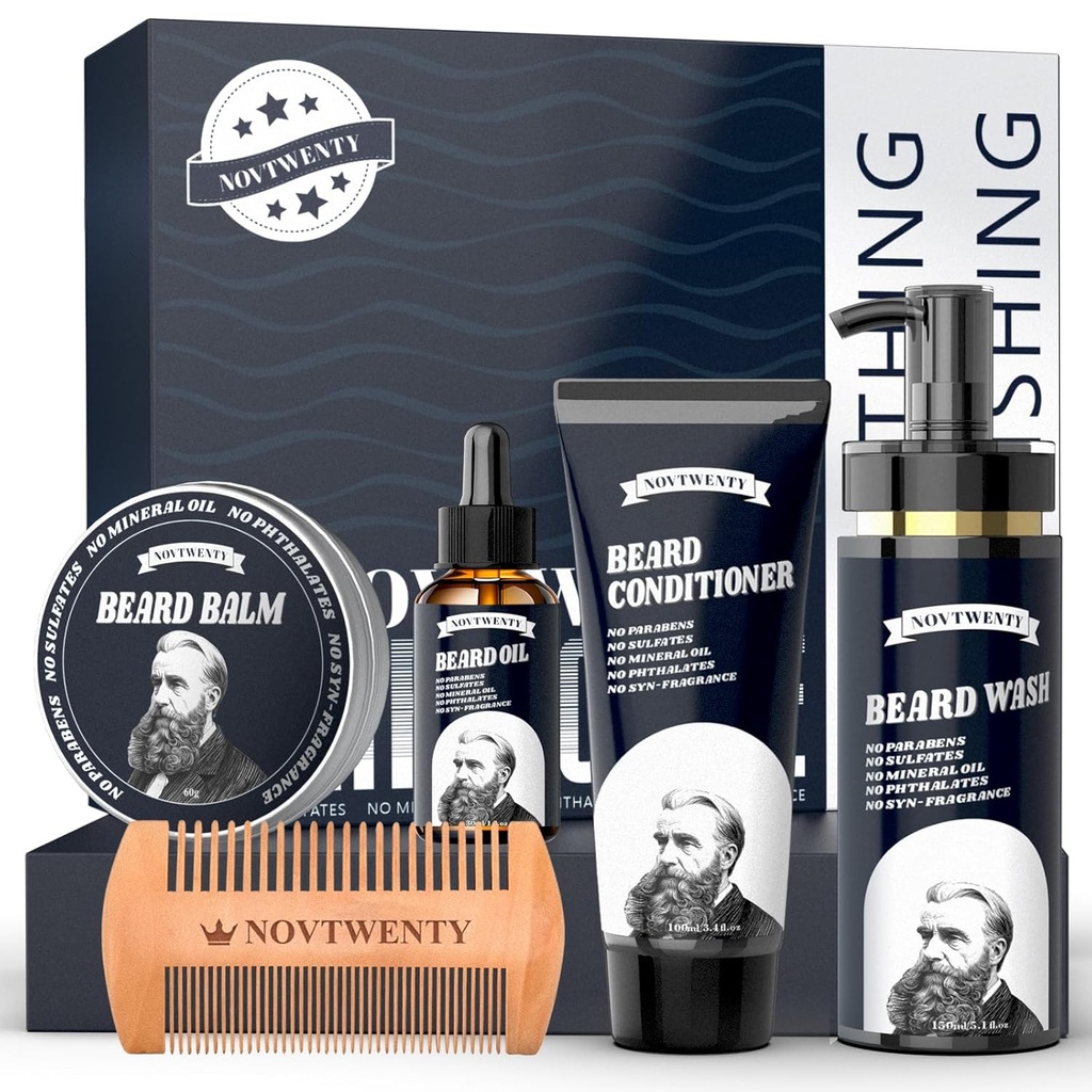 Kit de crestere barbă - Mobiuty Men's Barbă Kit de îngrijire cu ingrediente naturale, Include Wash Barbă, Ulei de barbă, Balsam barbă și Comb barbă, Cadou Set pentru prietenul părinți soț