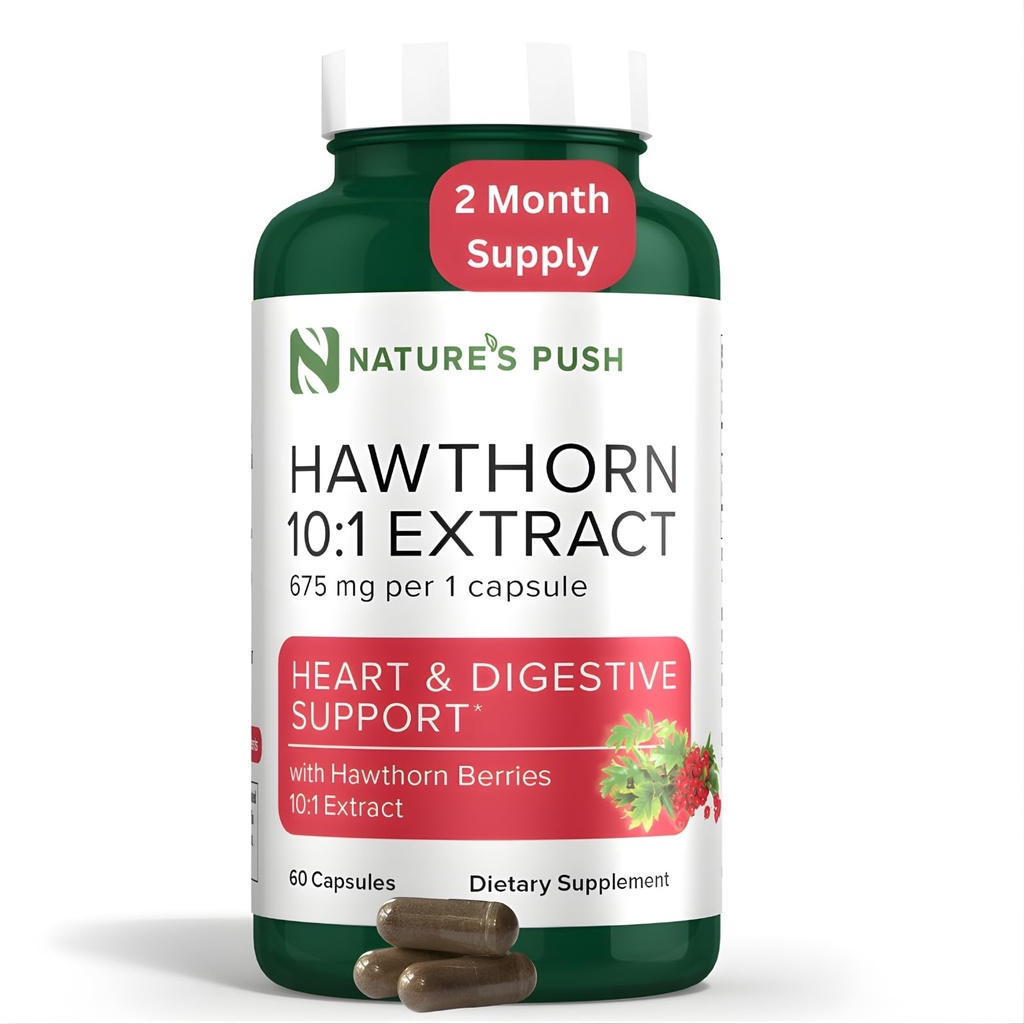 Nature's Push Super Potent Hawthorn Berry Supplement 10:1 Extract 675mg Capsules for Digestion Heart Health, Glycemic Support-Extra Strength Non-GMO Gluten Free Vegan GMP USA (60 Count (Pack of 1))
