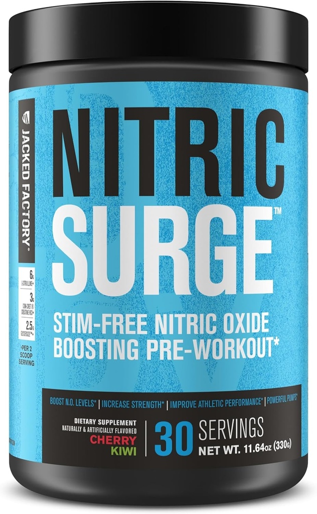 Jacked Factory Nitric Surge Stim Free Pre Workout Powder - Caffeine-Free Nitric Oxide Supplement w/Con-Cret Creatine, L Citrulline, & GlycerSize Glycerol - Cherry Kiwi, 30 서빙