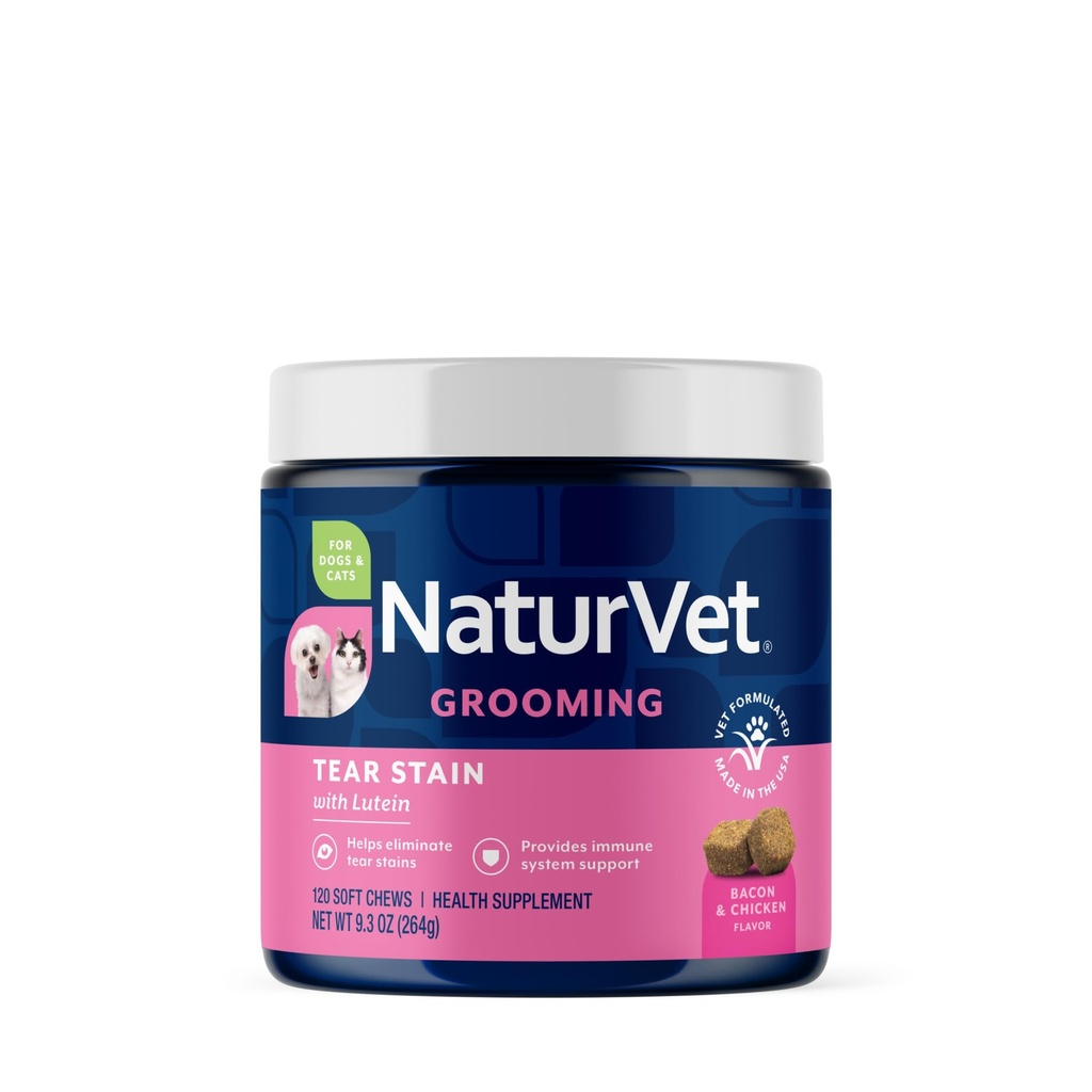 NaturVet Lutein Tear Stain Supplements for Dogs & Cats - 120 Ct | Eliminates Unsightly Tear & Saliva Stains, Gentle, Water-based Formula, Dogs & Cats