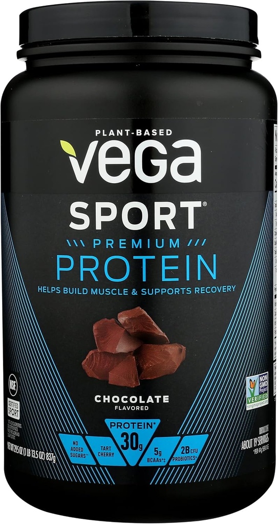 Vega Sport Premium Protein Toz, Şokolad, Vegan, 30g Bitkili Protein, 5g BCAAs, Aşağı Avtomobilb, No Sugar, Keto, Dairy Free, Gluten Pulsuz və GMO, Qadınlar və Kişilər üçün Pea Protein, 29.5 Oz