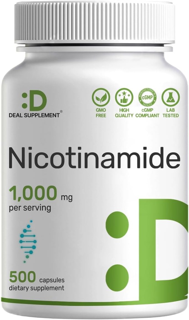 Vitamin B3 Nikotinamid 1.000mg na serviranje – 500 kapsul, brez flush niacin, Essential B3 – Podpira zdravo proizvodnjo kože in energije – Non-GMO