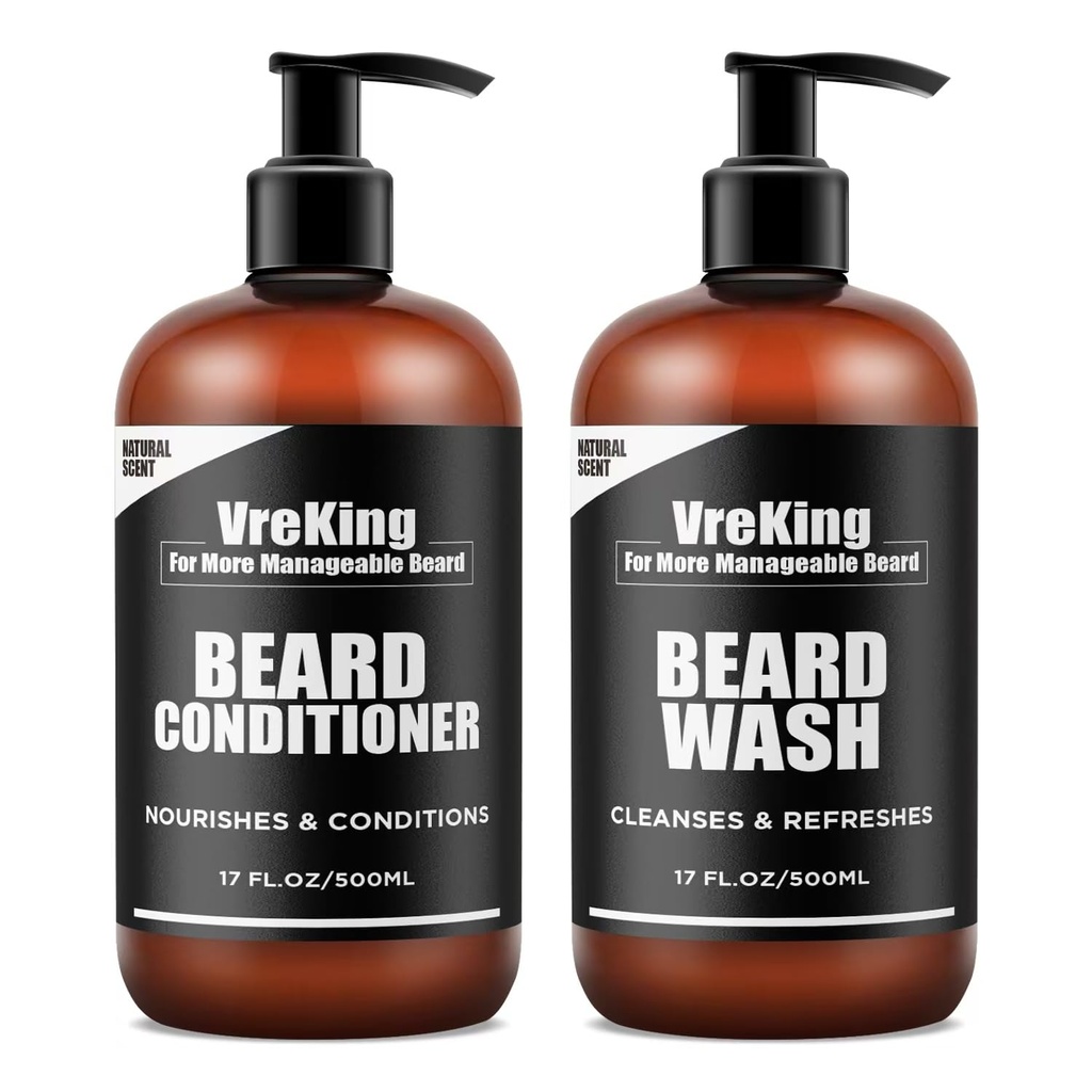 Mens Beard Wash and Beard Balsam Bundle Set pentru bărbați, față și barbă Șampon și balsam Set de balsam pentru bărbați w/Biotina facial de creștere a părului Formula matreata, Cadouri pentru bărbați, 500ml*2