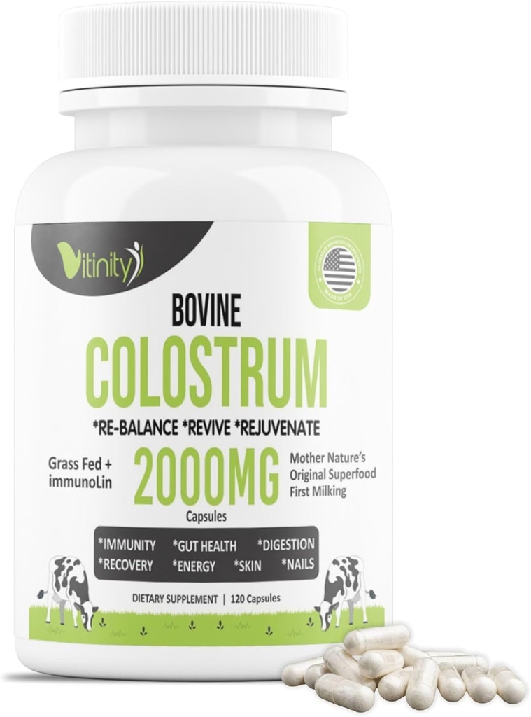 VITINITY Fed Bovine Colostrum Capsules for Humans - Natural IgG Colostrum Supplement for Gut Health, Immune Support, Muscle Recovery & Wellness | Pure Colostrum Superfood, Unflavored (120 Count)