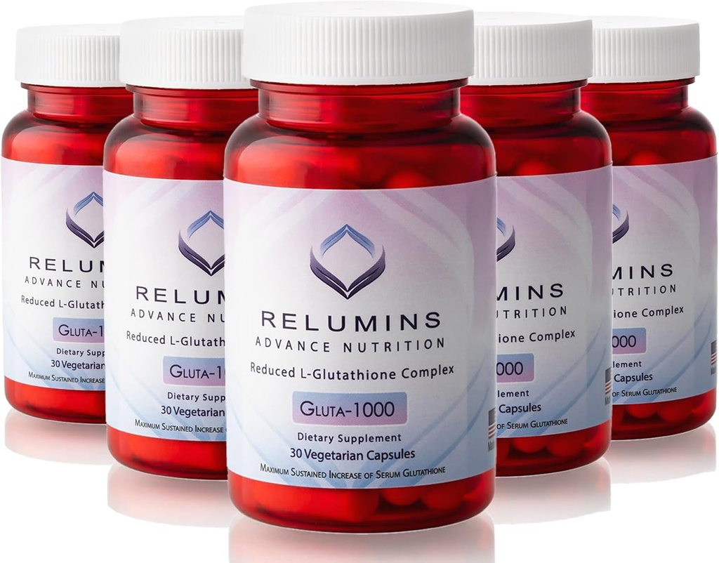 Relumins Advance Nutrition Gluta 1000 - Ridotto L-Glutathione, Alfa Lipoic Acid & Rose HIPS, Antiossidante Supporto per Skin &amp; Total Wellness, Made in USA - 30 Capsule x 5 Bottiglie (Fornitura 75-Day)