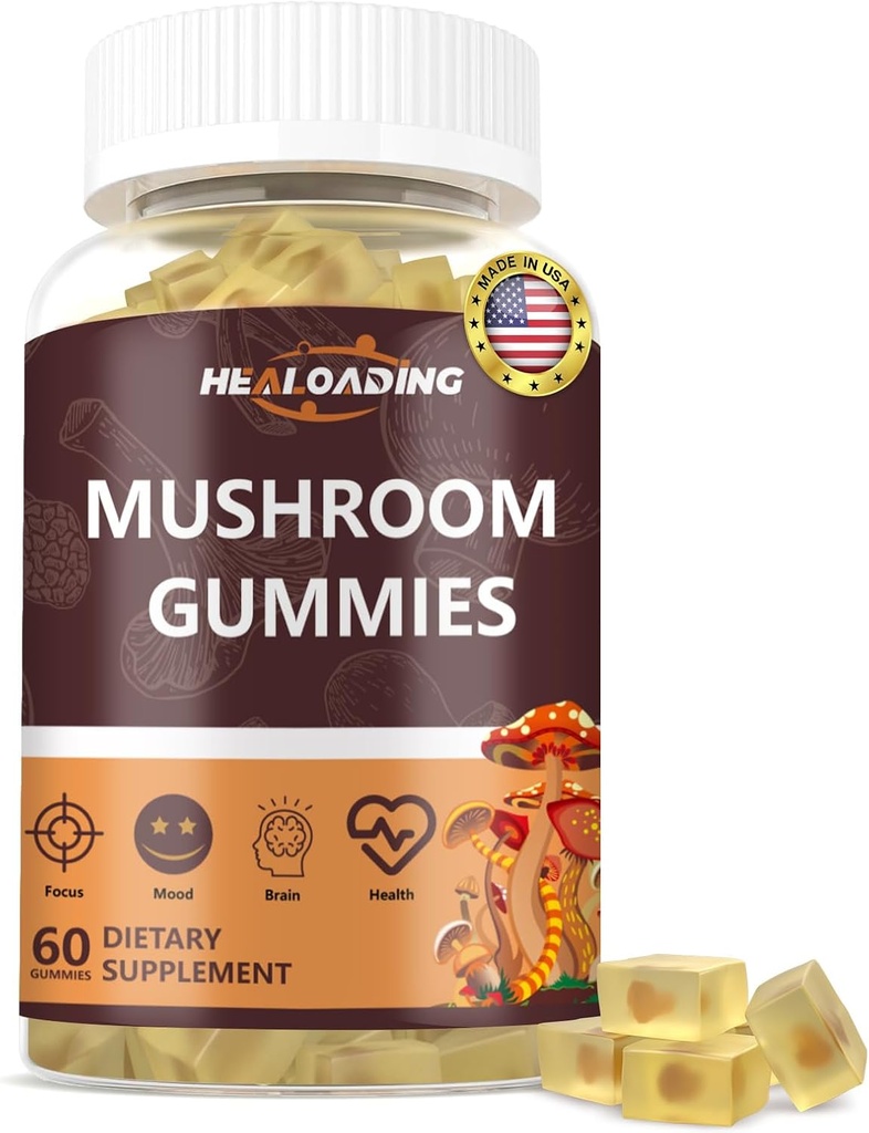 Mushroom Gummies: 10 Functional Mushrooms in One - Lions Mane, Reishi, chagaCordyceps & mere - Naturlig Focus & Energy Support- Vegan, Non- GMO- 60 Gummies