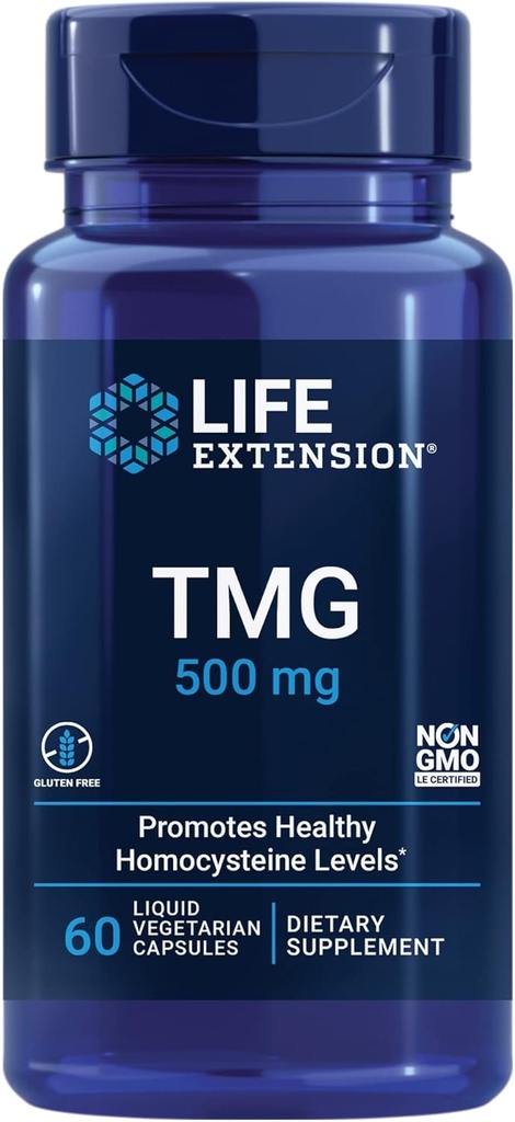 Life Extension TMG, trimethylglycine, stimuleert gezonde homocysteïne niveaus, non-GMO, Glutenvrije, vegetarisch, 60 capsules