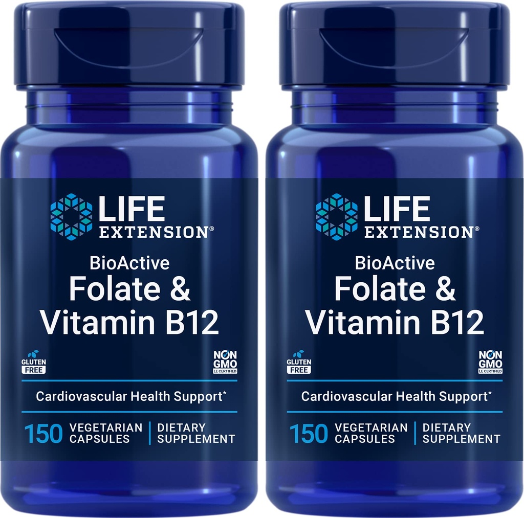 Life Extension BioActive Folate & Vitamin B12, 150 Vegetarian Capsules (Pack of 2), Non GMO, Gluten Free