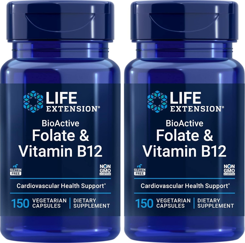Life Extension BioActive Folate & Vitamin B12, 150 vegetariska kapslar (Pack of 2), Non GMO, Gluten Free