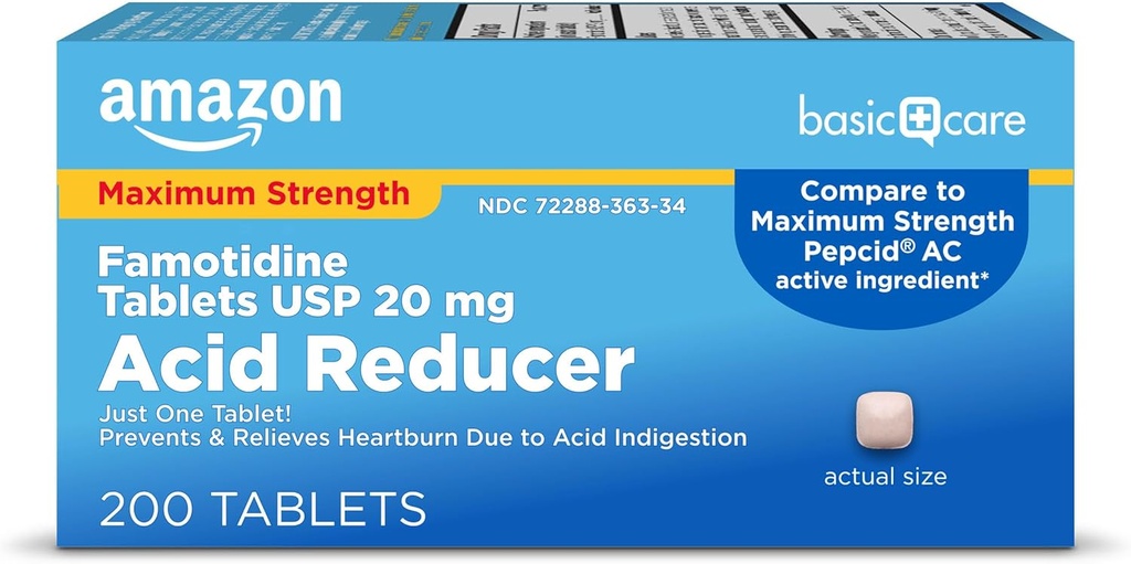   Basic Care Maximum Strength Famotidine Tablets 20 mg, Acid Reducer Pills for Heartburn Relief, 200 Count (Packaging may vary)