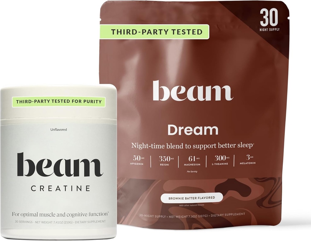 Beam Dream Sleep Powder & Creatine Bundle, Third Party Tested Natural Sleep Aid & Recovery Suplement with Micronized Creatine Monodrate, Unflashted Creatine Powder for Muscle Strength, Energy