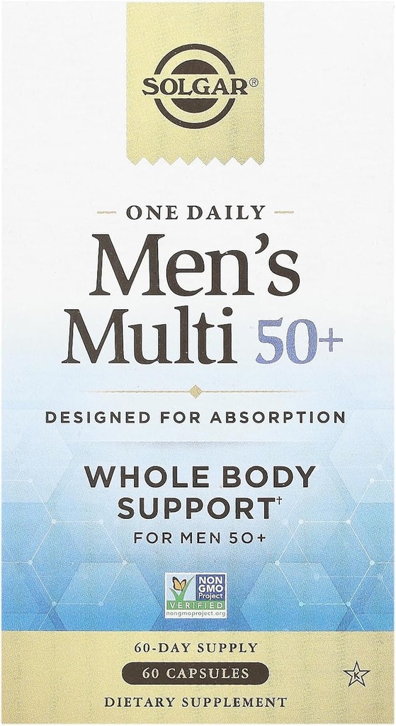 Solgar One Daily Men's Multi 50+ Hele Body Ondersteuning voor mannen 50 en ouder Zeer Absorbeerbare Vertraagde Release Hart, Energie, Stress, Spier, Bot, Prostaat Ondersteuning Vitamine 60 Vegan Capsules, 60 Servingen