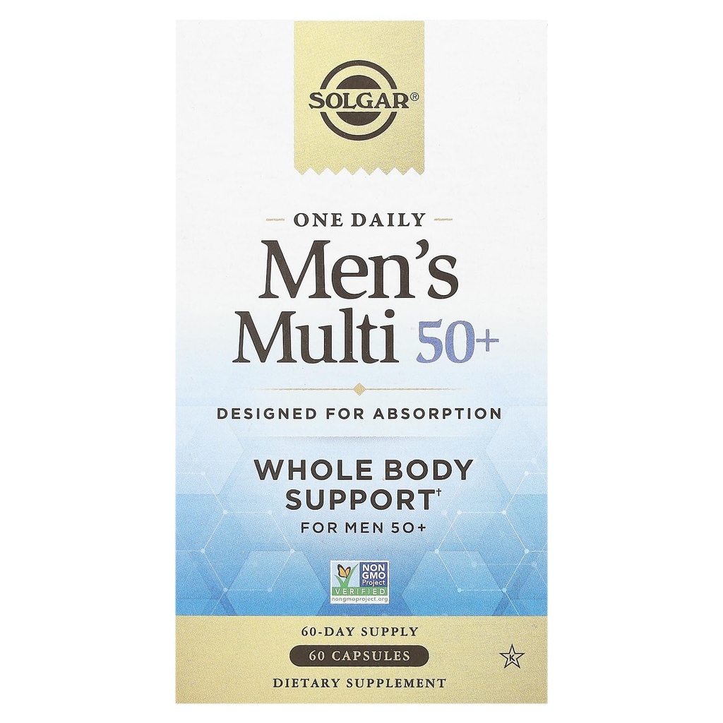Solgar One Daily Men's Multi 50+ Whole Body Support for Men 50 and Older Highly Absorbable Delayed Release Heart, Energy, Stress, Muscle, Bone, Prostate Support Vitamin 60 Vegan Capsules, 60 Servings